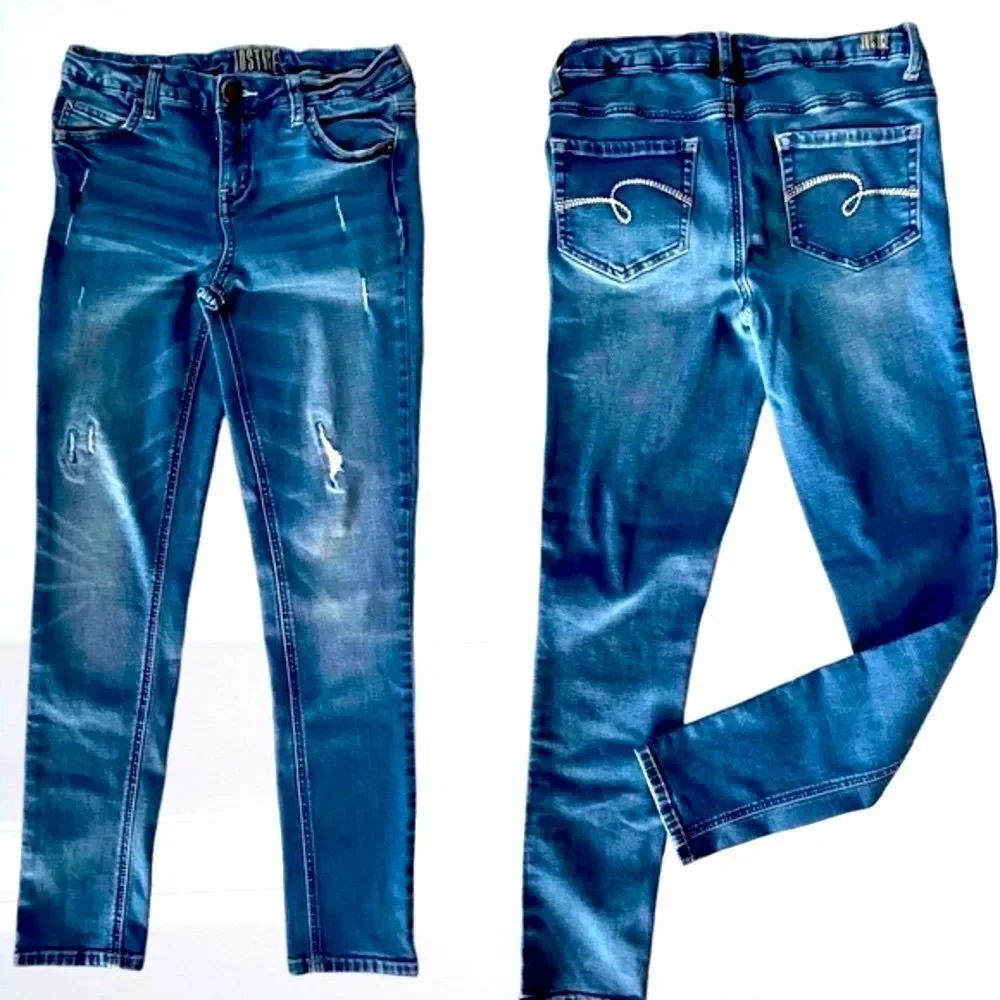 Justice l Girls Jeans l Super Skinny l Size 14 l Medium Distressed Denim l EUC